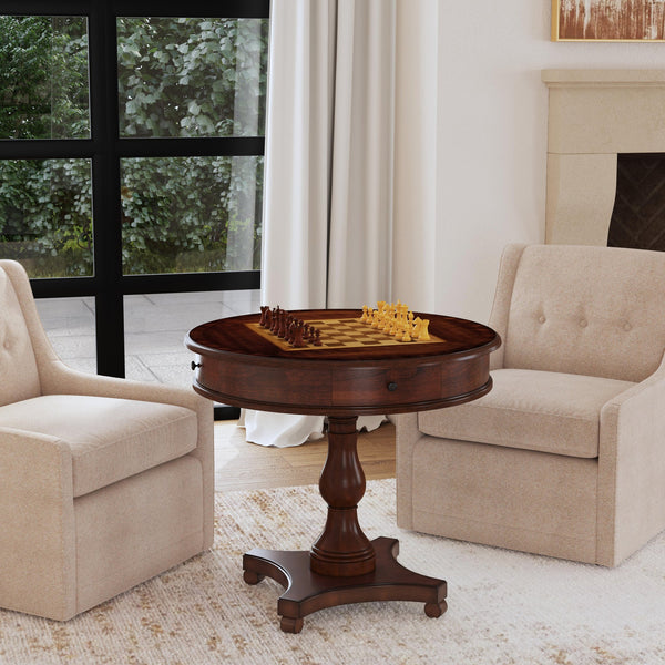 Butler Specialty Fredrik Round Game Table With Storage - Handcrafted Wood Veneer Chess & Checkerboard Design Medium Brown Rubberwood Solids,Poplar Wood,Cherry,Maple And Walnut Veneers,Mdf,Resin 5718011-butler