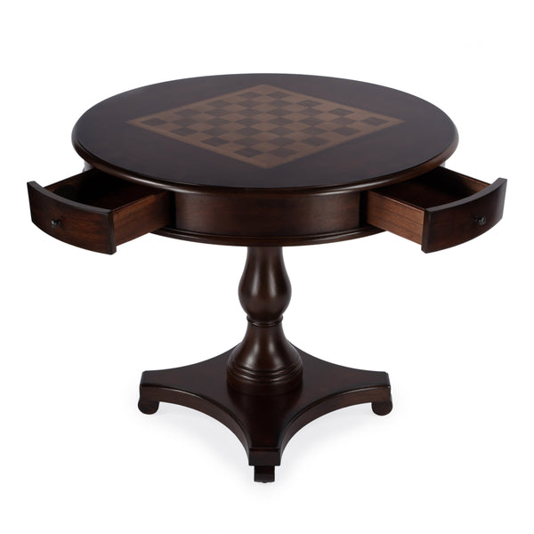 Butler Specialty Fredrik Round Game Table With Storage - Handcrafted Wood Veneer Chess & Checkerboard Design Dark Brown Rubberwood Solids,Poplar Wood,Cherry,Maple And Walnut Veneers,Mdf,Resin 5718024-butler