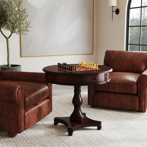 Butler Specialty Fredrik Round Game Table With Storage - Handcrafted Wood Veneer Chess & Checkerboard Design Dark Brown Rubberwood Solids,Poplar Wood,Cherry,Maple And Walnut Veneers,Mdf,Resin 5718024-butler