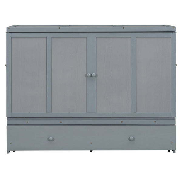 English Elm Queen Murphy Wall Bed with Pull Out Drawer and Built in Usb Charging Cabinet Gray N708P205905E