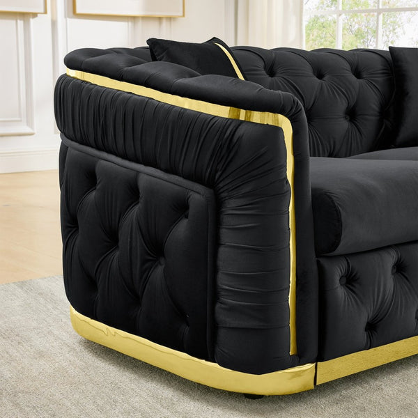 English Elm 2 Piece Velvet Chesterfield Sofa Set with Gold Steel Trim Button Tufted Living Room Couch Black W1191S00099