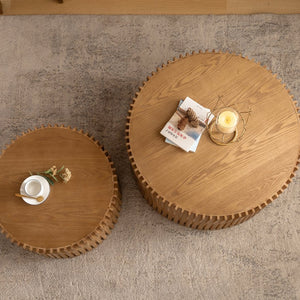 English Elm Vintage Cylindrical Nesting Coffee Table Set, Textured Embossed Wood Accent Tables for Living Room Natural W757P195740