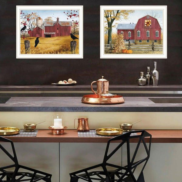 HomeRoots Set of Two Autumn Red Barn Prints in White Frames - Cozy Rustic Decor for Home & Office Spaces 571907