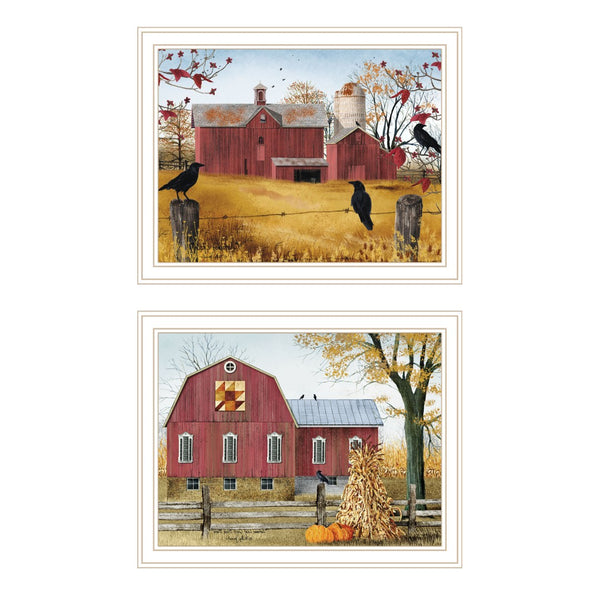HomeRoots Set of Two Autumn Red Barn Prints in White Frames - Cozy Rustic Decor for Home & Office Spaces 571907