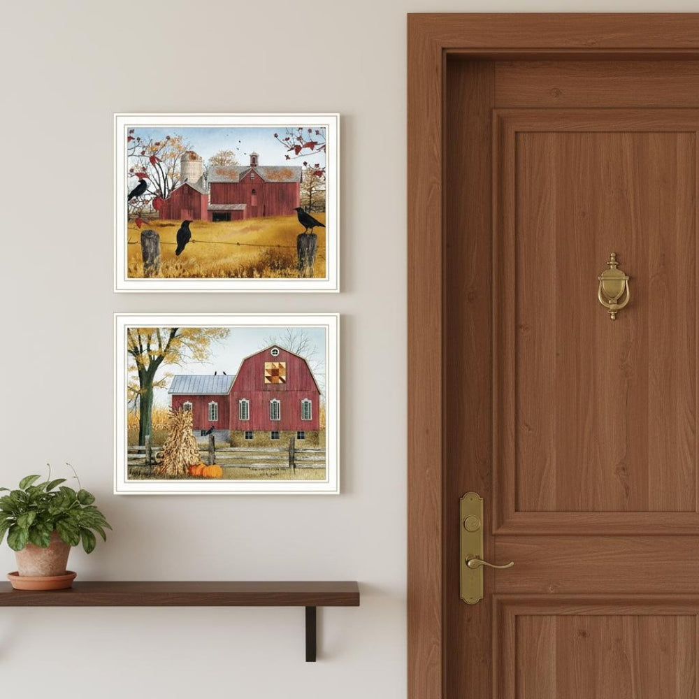 HomeRoots Set of Two Autumn Red Barn Prints in White Frames - Cozy Rustic Decor for Home & Office Spaces 571907