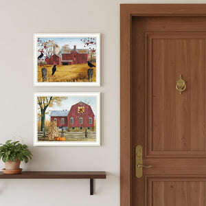 HomeRoots Set of Two Autumn Red Barn Prints in White Frames - Cozy Rustic Decor for Home & Office Spaces 571907