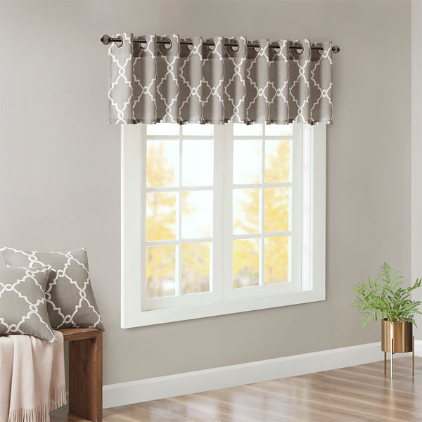 JLA Home Madison Park - Fretwork Metallic Fretwork Print Valance with Grommet Top — Textured Cotton-Blend Light Filter Grey/White MP41-2020
