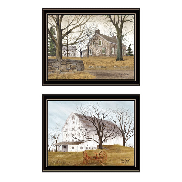 HomeRoots Set of Two Rustic Farmhouse Wall Art Prints - Stone Cottage & White Barn in Black Frames, 14x18" 571925