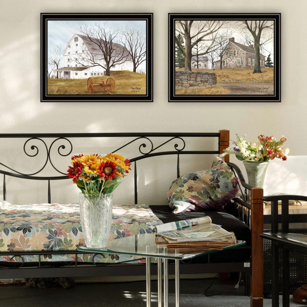 HomeRoots Set of Two Rustic Farmhouse Wall Art Prints - Stone Cottage & White Barn in Black Frames, 14x18" 571925