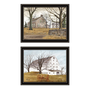 HomeRoots Set of Two Rustic Farmhouse Wall Art Prints - Stone Cottage & White Barn in Black Frames, 14x18" 571925