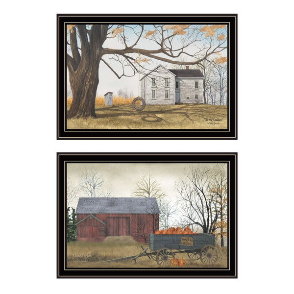 HomeRoots Set of Two Rustic Farmhouse Framed Wall Art Prints – Barn & Pumpkin Wagon Decor for Your Home 571943