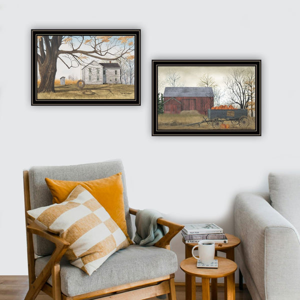 HomeRoots Set of Two Rustic Farmhouse Framed Wall Art Prints – Barn & Pumpkin Wagon Decor for Your Home 571943