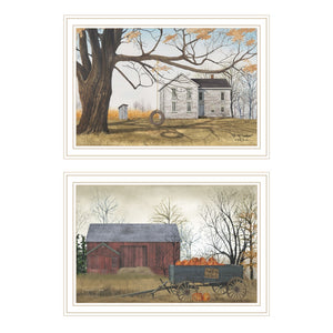 HomeRoots Set of Two Framed Farmhouse Barn and Pumpkin Wagon Wall Art – Rustic Decor for Any Space 571944