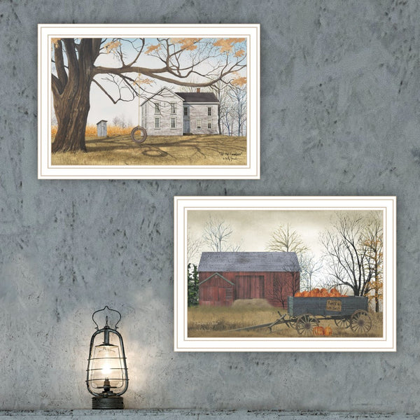 HomeRoots Set of Two Framed Farmhouse Barn and Pumpkin Wagon Wall Art – Rustic Decor for Any Space 571944