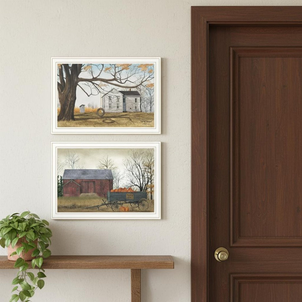 HomeRoots Set of Two Framed Farmhouse Barn and Pumpkin Wagon Wall Art – Rustic Decor for Any Space 571944