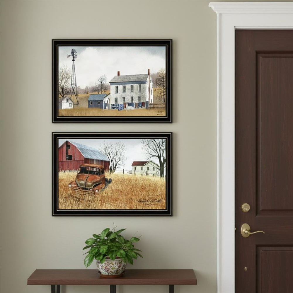 HomeRoots Set of Two Vintage Framed Wall Art Prints - "Washday" & "Granddad's Old Truck" for Home Decor 571947