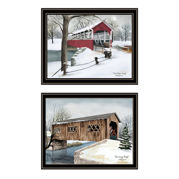 HomeRoots Set of Two Framed Winter Covered Bridge Prints - Elegant Wall Art for Seasonal Home Decor 571953
