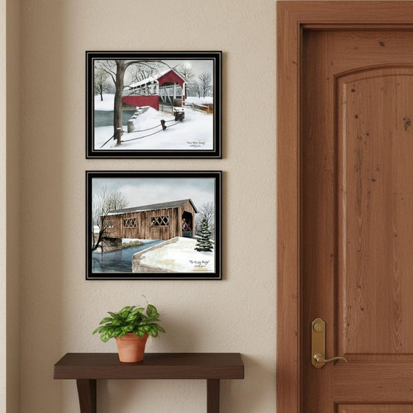 HomeRoots Set of Two Framed Winter Covered Bridge Prints - Elegant Wall Art for Seasonal Home Decor 571953