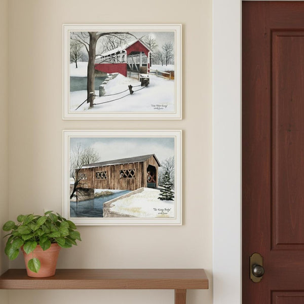 HomeRoots Set of Two Elegant Winter Covered Bridge Wall Art Prints in White Frames for Cozy Décor 571954