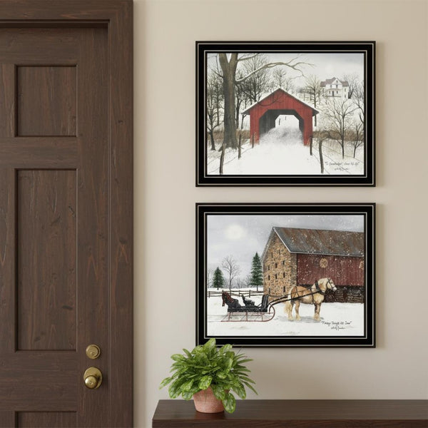 HomeRoots Set of Two Sleigh Ride Framed Wall Art Prints - Cozy Nostalgic Decor for Home & Seasonal Charm 571957