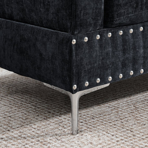 English Elm Sectional L-Shaped Chenille Sofa with Chaise Storage Ottoman, Metal Eucalyptus Frame, 4-Seater Spacious Navy Blue W1413S00118