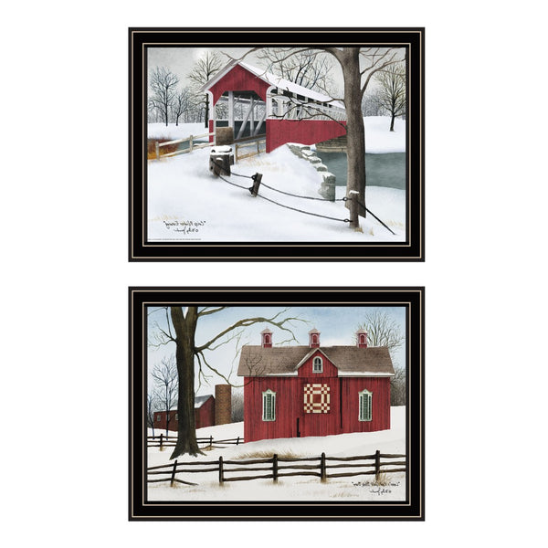 HomeRoots Set of Two Framed Lovers Knot Quilt & Covered Bridge Art Prints for Rustic Home Décor Charm 571969