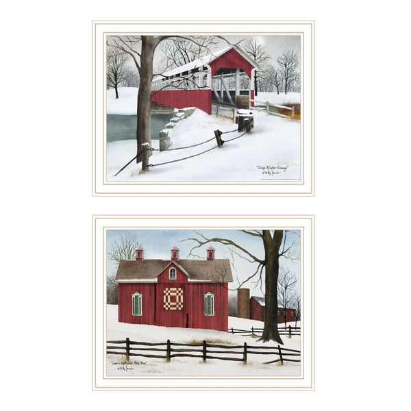 HomeRoots Set of Two Framed Lovers Knot Quilt Barn & Covered Bridge Art – Classic Americana Home Décor 571970