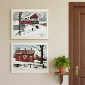 HomeRoots Set of Two Framed Lovers Knot Quilt Barn & Covered Bridge Art – Classic Americana Home Décor 571970
