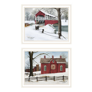 HomeRoots Set of Two Framed Lovers Knot Quilt Barn & Covered Bridge Art – Classic Americana Home Décor 571970