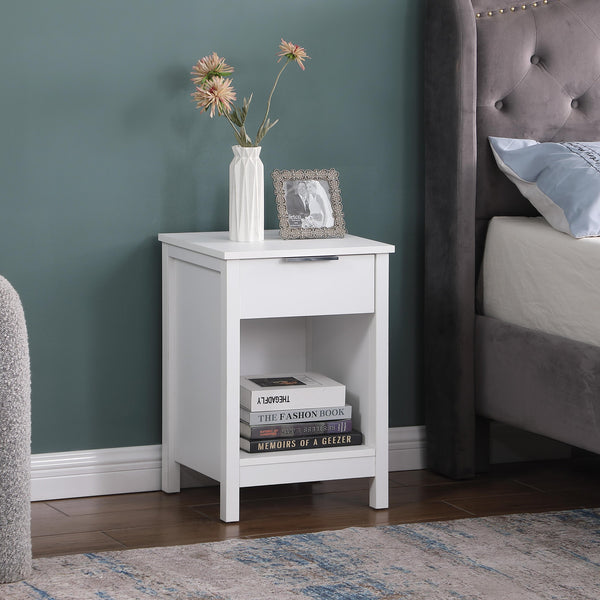 English Elm Nightstand with Drawer | 3-Tier Modern Bedside Table with Hidden Drawer, Open Shelves, Sturdy Build White 26 L x 17 W x 5.1 H W3151P345749