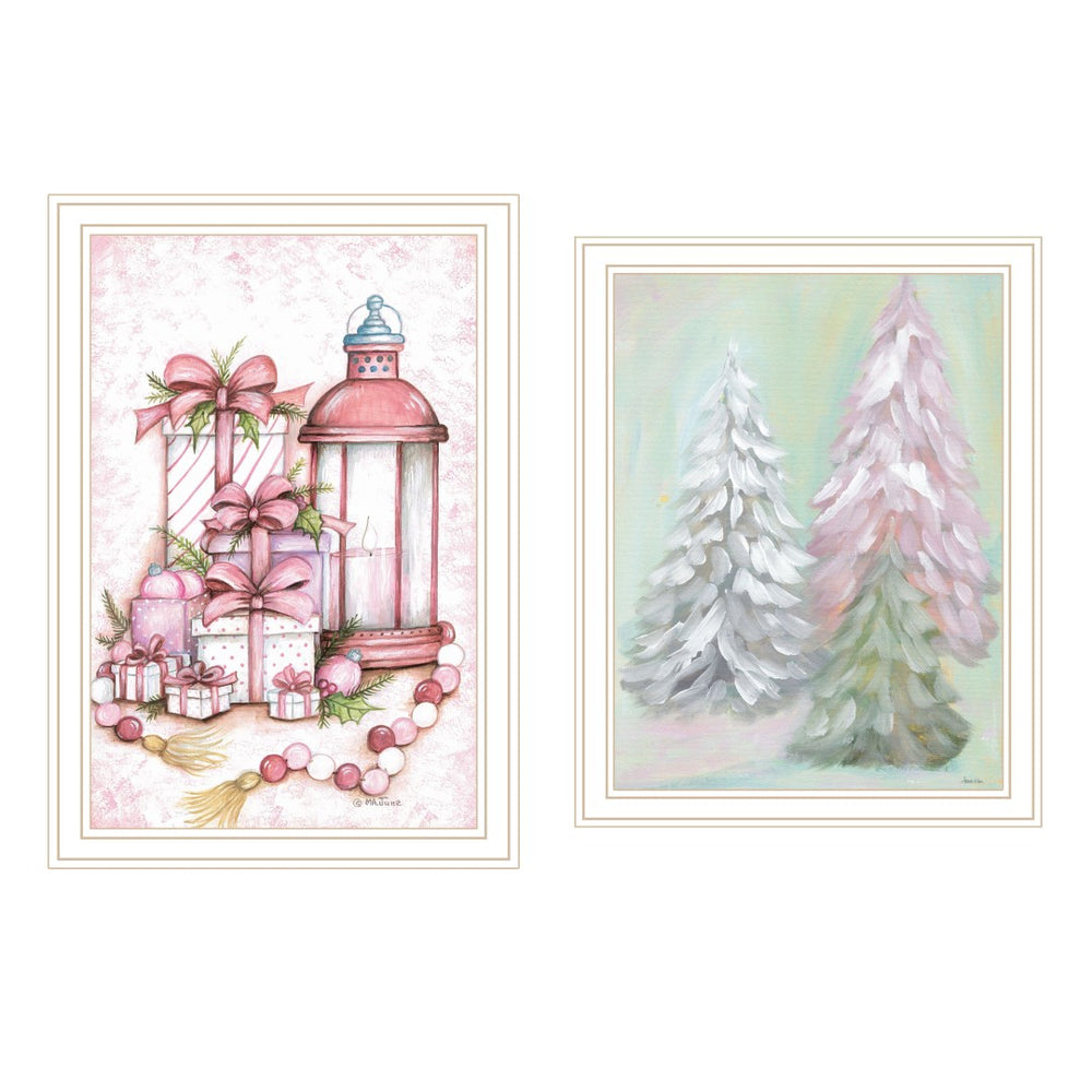 HomeRoots Set of Two Pink Candy Land Christmas Trees Framed Wall Art for Whimsical Holiday Decor Display 571984