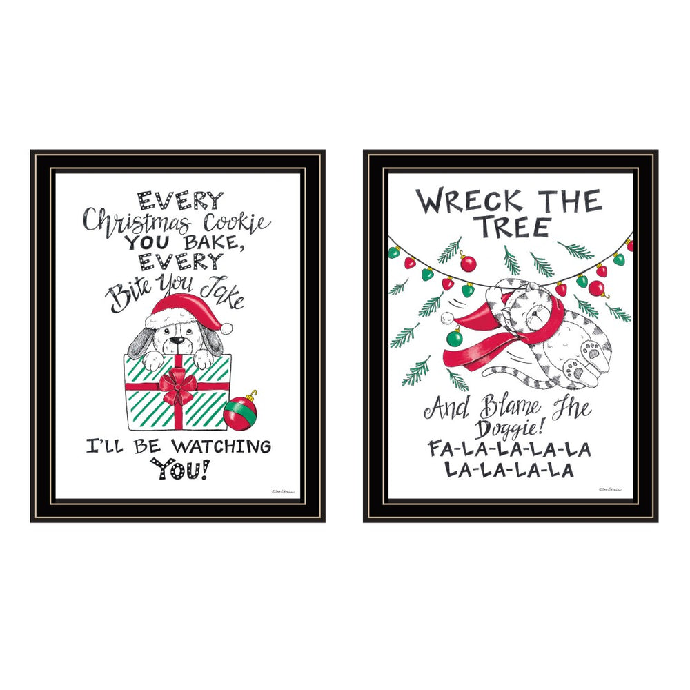 HomeRoots Set of Two Cat and Dog Christmas Prints - Festive Black Framed Wall Art for Holiday Decor Bliss! 571987