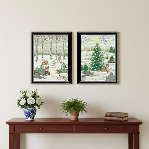 HomeRoots Set of Two Framed Woodland "Critters for Christmas" Art – Festive Wall Decor for Holiday Charm 571991