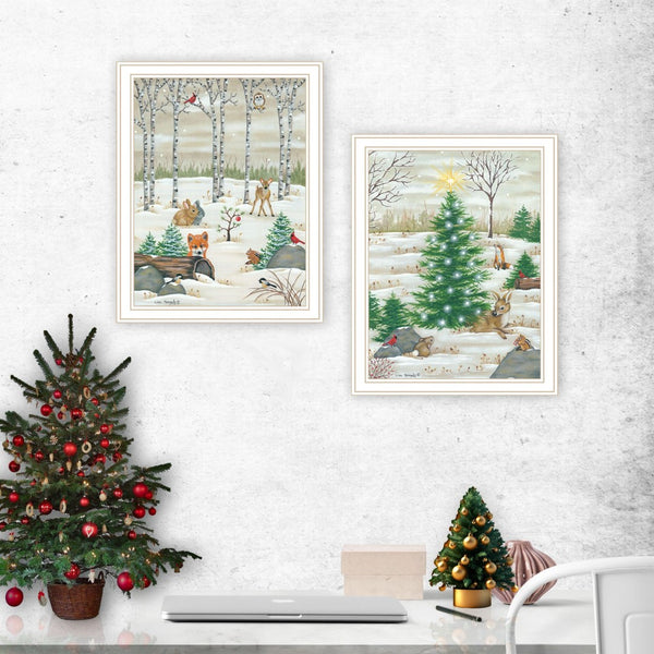 HomeRoots Set of Two Framed Woodland "Critters for Christmas" Prints – Whimsical Holiday Wall Art Décor 571992