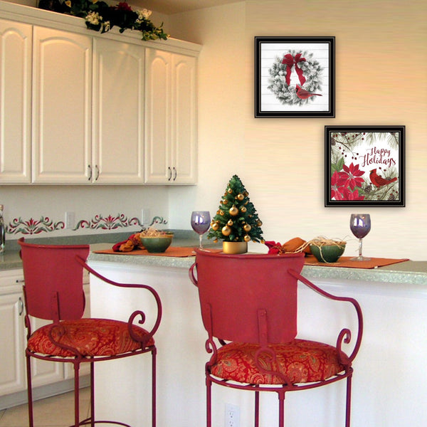 HomeRoots Set of Two Vibrant Cardinal Wreath Prints in Black Frames – Perfect Seasonal Wall Art Decor! 571993