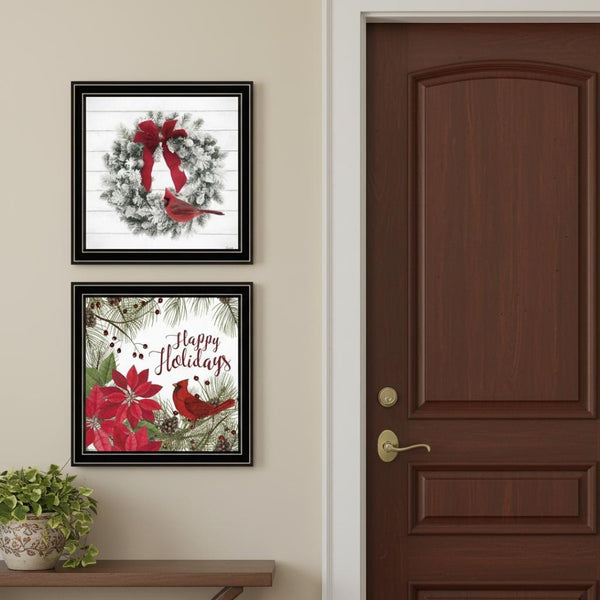 HomeRoots Set of Two Vibrant Cardinal Wreath Prints in Black Frames – Perfect Seasonal Wall Art Decor! 571993