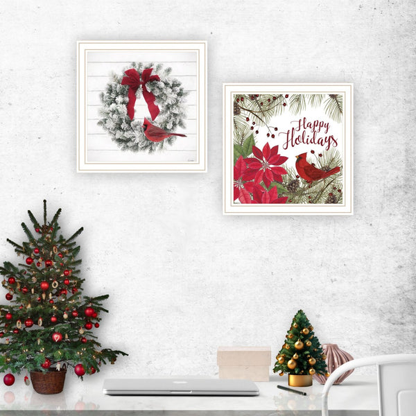 HomeRoots Set of Two Cardinal Wreath Framed Prints - Elegant Seasonal Wall Art for Timeless Home Decor 571994