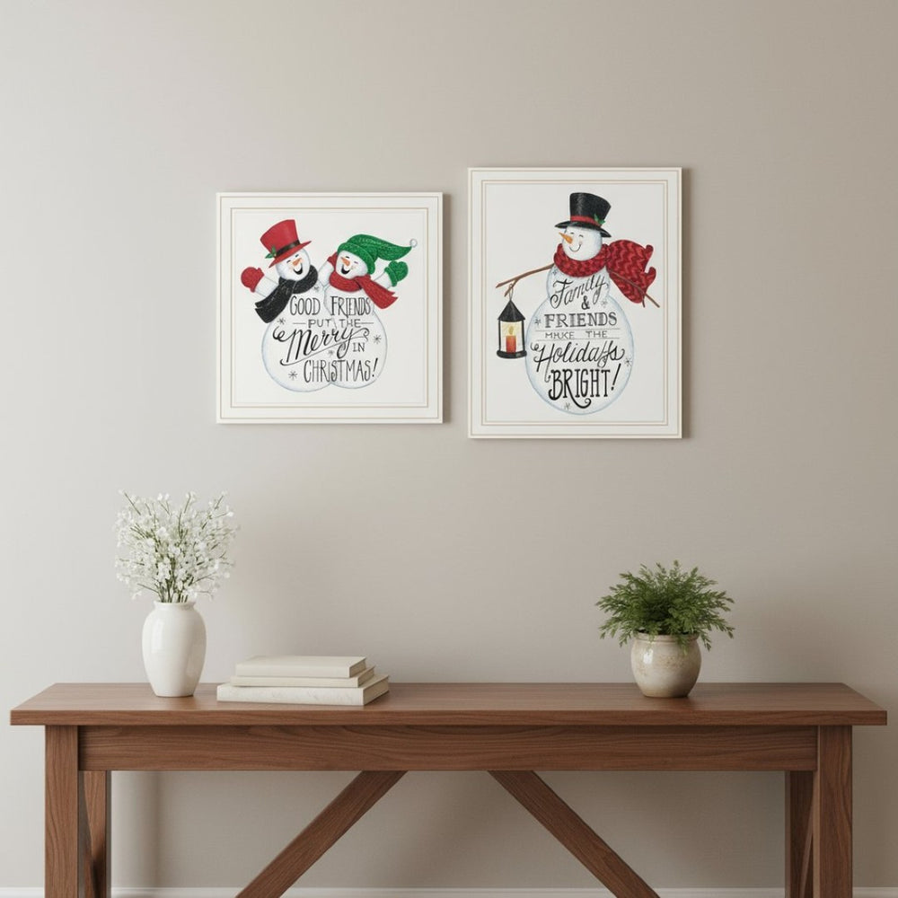 HomeRoots Set of Two Charming Snowman Framed Wall Art Prints - Festive Decor for Holiday Cheer & Style 571998