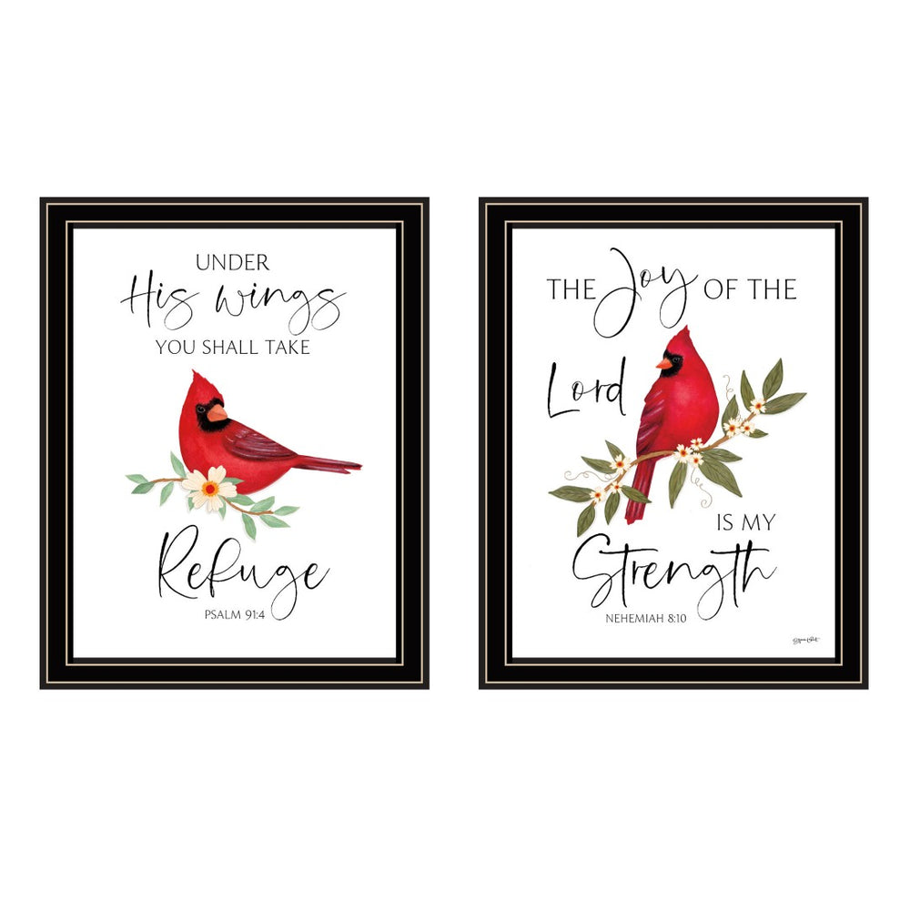 HomeRoots Set Of Two Vibrant Cardinal Wall Art - Uplifting "The Lord is My Strength" Framed Decor Art 571999