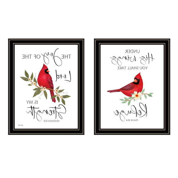 HomeRoots Set Of Two Vibrant Cardinal Wall Art - Uplifting "The Lord is My Strength" Framed Decor Art 571999