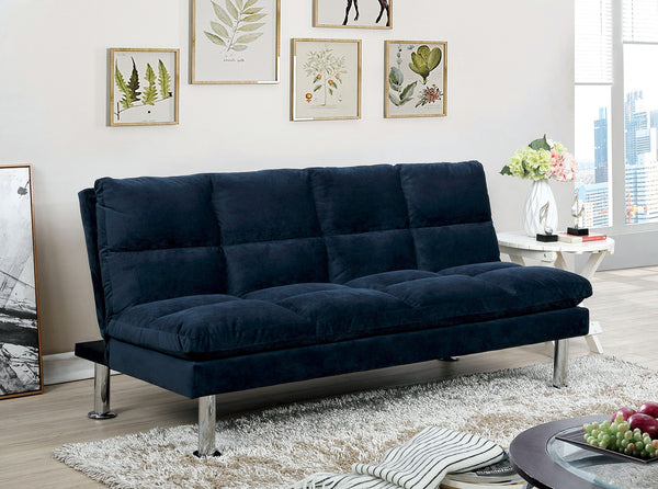 English Elm Contemporary Microfiber Futon Sofa Converts to Bed with Chrome Legs, Compact Space-Saving Design, Durable Upholstery Navy 40 L x 67 W x 8 H B2741P363788