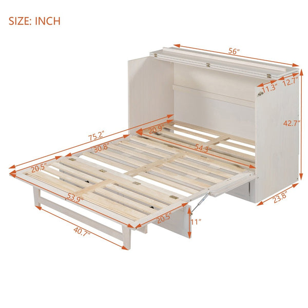 English Elm Full Size Murphy Bed Rattan Cabinet with Storage Drawers and Gold Hardware N708S00005AAK