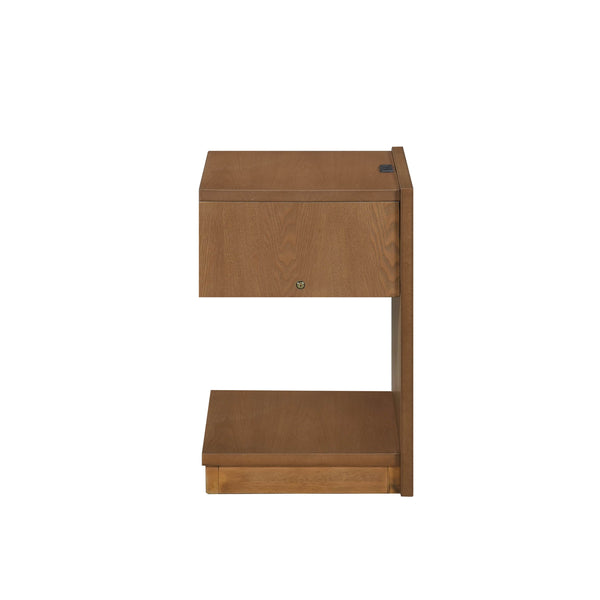 English Elm Modern End Table with USB Port and Drawer, 18"x12.5"x19" Compact Nightstand with Open Shelf Brown Finish B011P194591