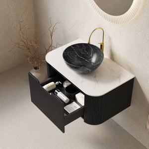 English Elm Muri Floating Bathroom Vanity Plywood Cabinet Sintered Stone Top Oak Drawer White+Black W2615S00264