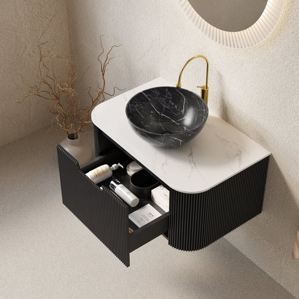 English Elm Muri Floating Bathroom Vanity Plywood Cabinet Sintered Stone Top Oak Drawer White+Black W2615S00264