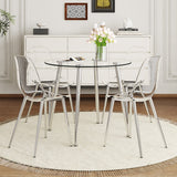 English Elm A Modern Minimalist Style Round Transparent Tempered Glass Table, Silver Metal Legs, Paired With 4 Modern Style Transparent Dining Chairs,Bringing A Luxurious Experience.