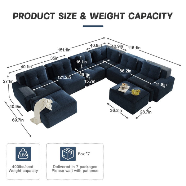 English Elm Modular Corduroy Sectional Sofa 6 Seat V Shaped Corner Couch with Ottomans Living Room Blue W714S01581