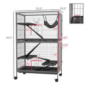 English Elm PawHut 50" 5-Tier Small Animal Cage with Hammock, Heavy-Duty Steel, 4 Doors, Removable Tray, Gray W2225P200802