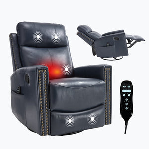 English Elm Blue Genuine Leather Rocker Swivel Recliner with Massage Heat for Living Room W1803P323714