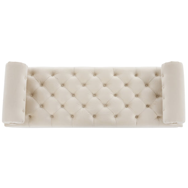 English Elm Modern Tufted Velvet Bench with Gourd Legs and Pillows for Bedroom Entryway Beige N761P335807W